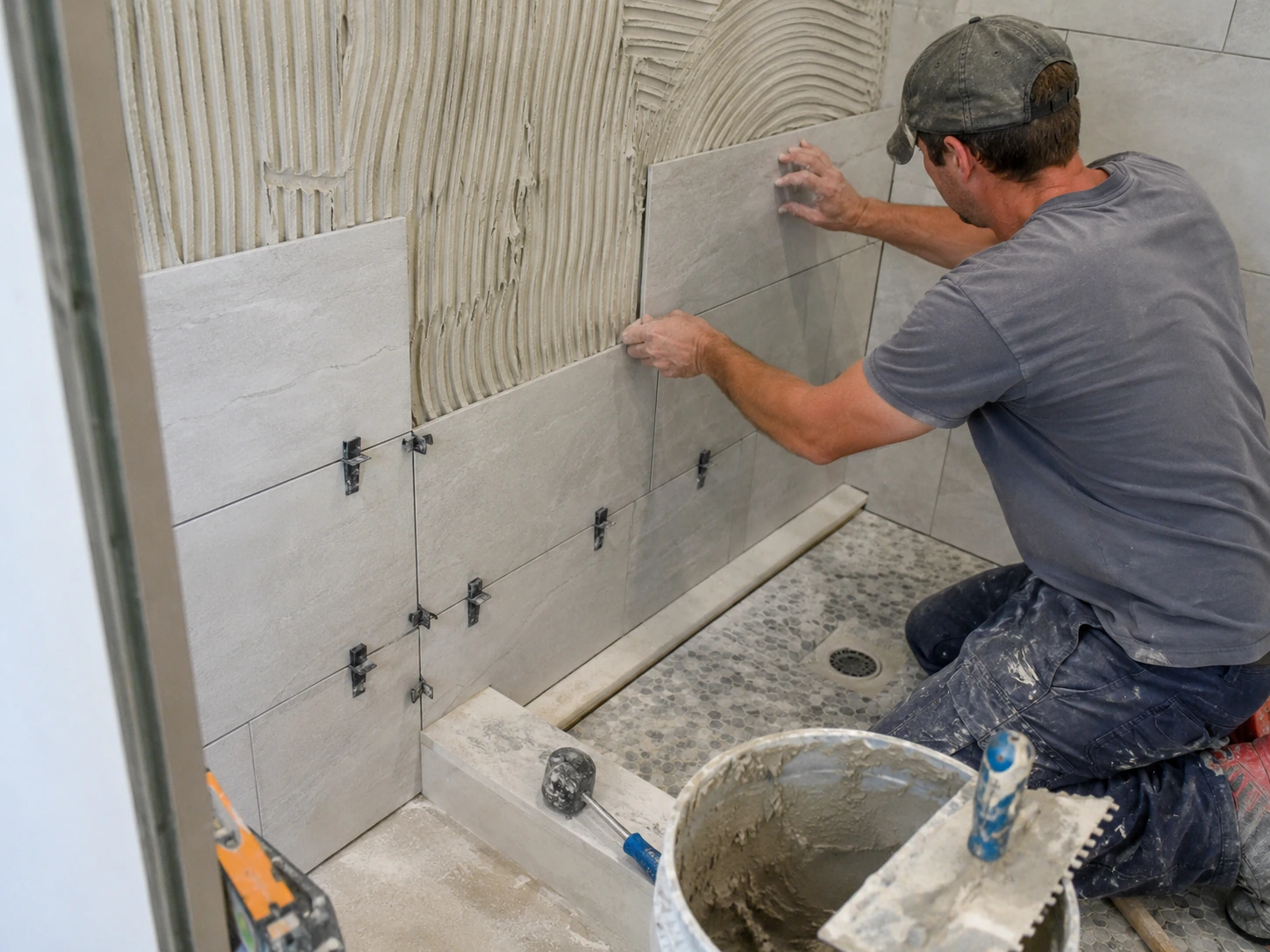 Professional tile installation in progress during a North Texas bathroom remodel
