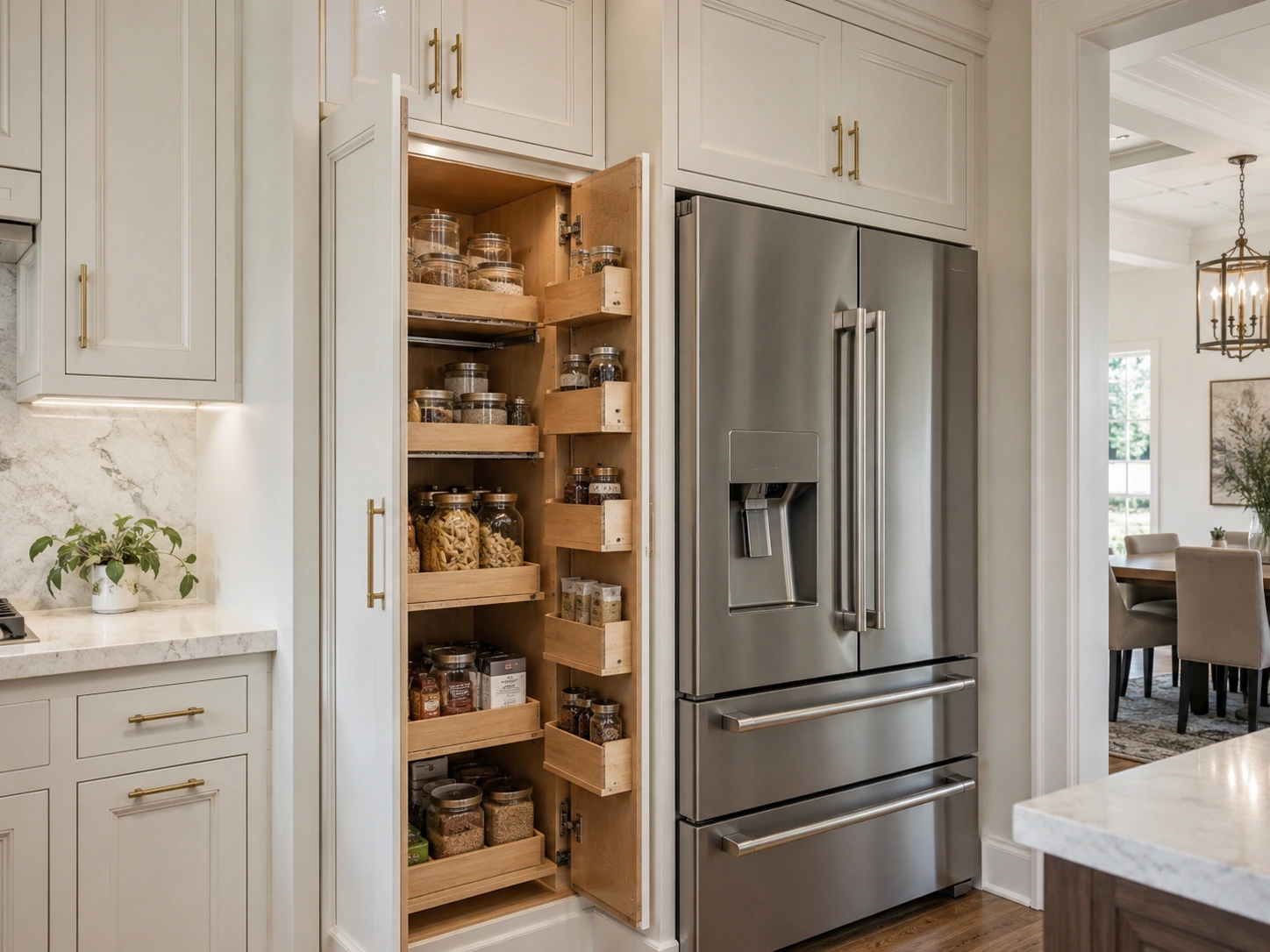 Custom cabinet storage configuration solving a corner space challenge in a DFW kitchen